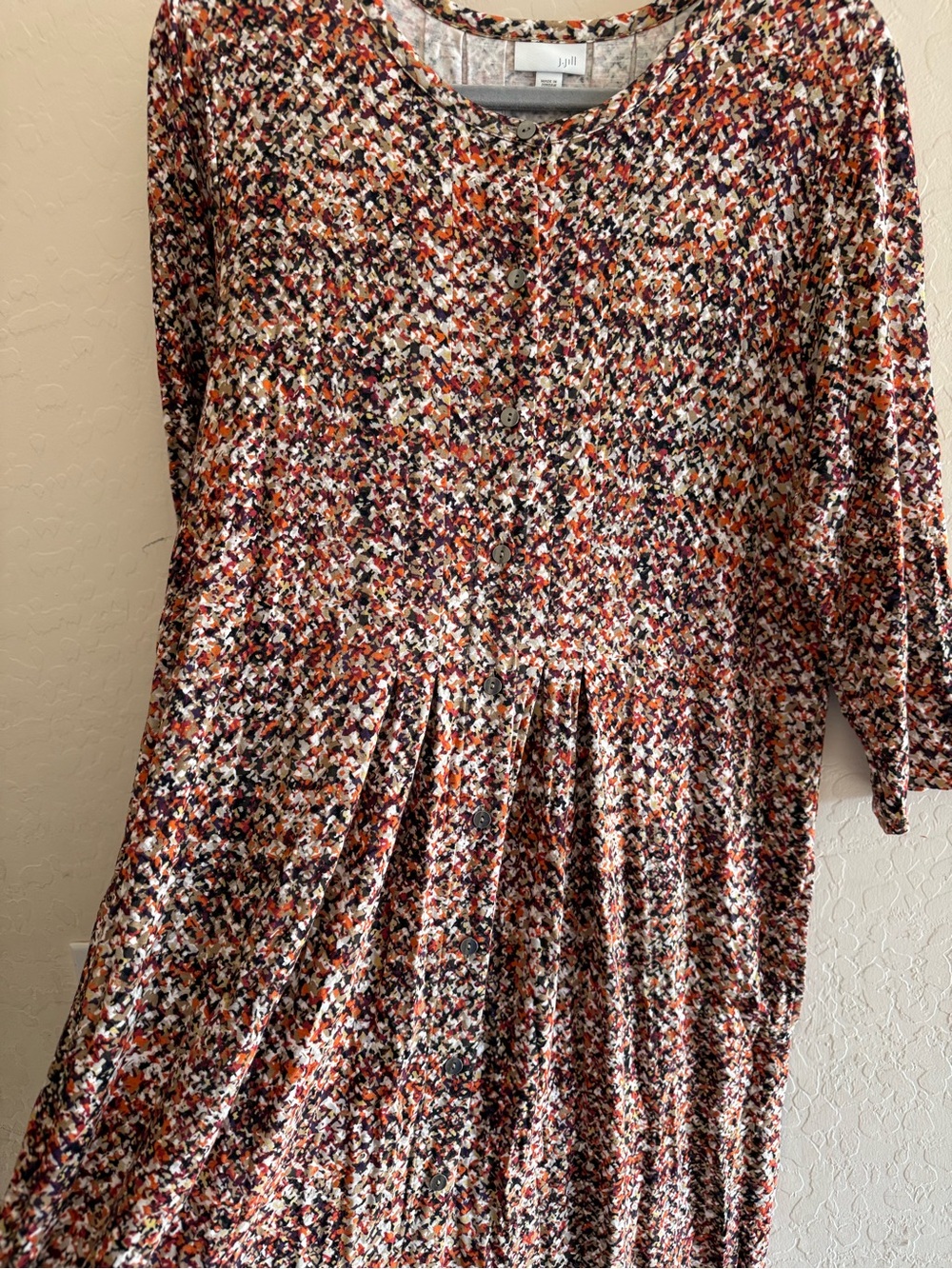 J. Jill, Large, button-down shirt dress with 3/4 sleeves & colorful pattern